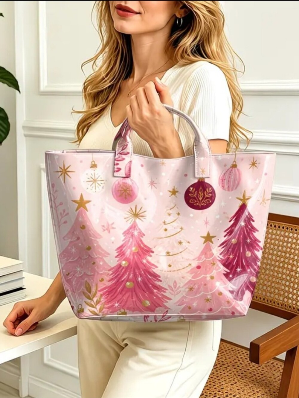 Pretty Holiday Pink Christmas Trees PVC Daily Commute Hand Tote Bag